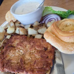 Chicken-fried steak plate.  Love those orange rolls!
