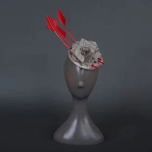 Tea Time Grey and red/orange couture hat created my Margie Trembley Chapeaux Photo: Michele Zephier Photography