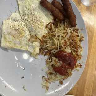 Eggs and sausage with hash browns