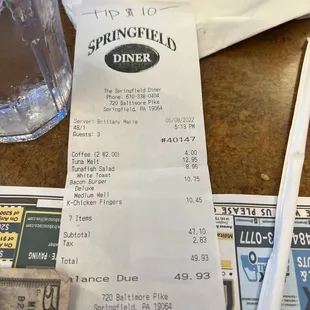 a receipt and a glass of water