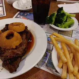 New York Steak with fries and broccoli.