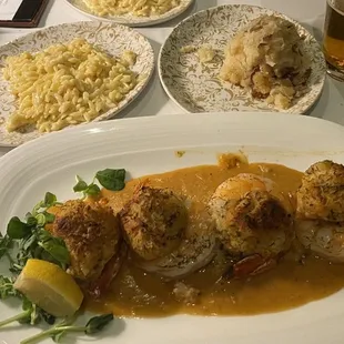 Jumbo Stuffed Shrimp, Roasted Garlic Orzo and mashed potatoes