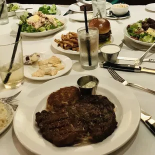 Orzo, steaks, burger, salads, dip