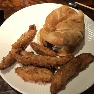 Fillet croissant sandwich with side of 1/4 fries. Not pictured walnut house salad and freshly baked bread