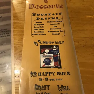 a menu for drinks and desserts