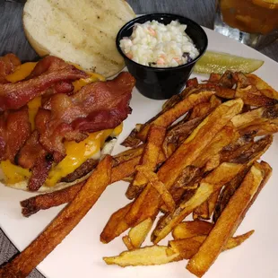 Lodge Burger with hand cut fries and creamy coleslaw