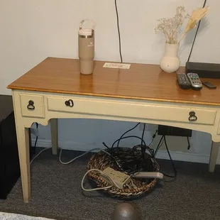 Basket of old extension cords for the space heater. Oh, and that's a mini fridge on the floor.