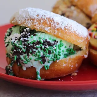 Mint chocolate chip Donut Ice Cream Sandwich with sprinkles and powdered sugar on top, $2.99!!!