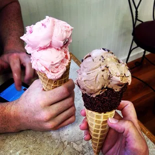 Chocolate moose tracks in a chocolate sprinkle waffle come and strawberry in a waffle cone.