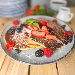 Buttermilk Pancakes.

Triple stack, fresh berries and maple syrup.