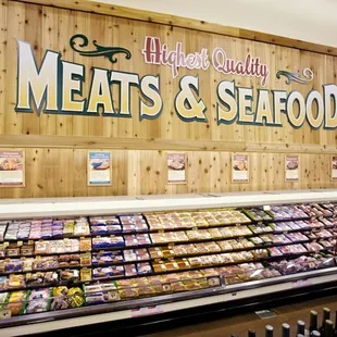a display of meats and seafood