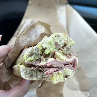 Half of the roast beef sandwich on a baguette. They ran out of the bread we wanted. Also missing all the condiments we wanted.