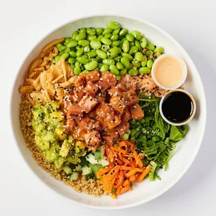Ahi Tuna Poke Bowl with brown rice, quinoa or cauliflower rice!