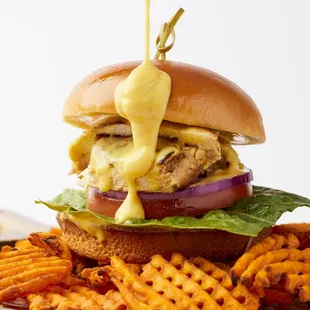 Honey Mustard chicken burger with baked fries!