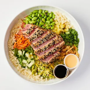 Seared Ahi Tuna poke bowl with brown rice.