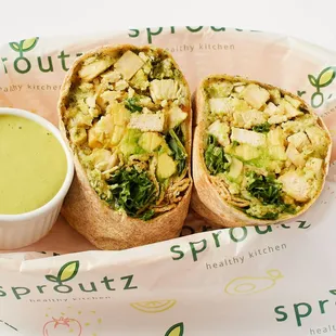 The famous Pesto Chicken Wrap! With our signature Green Lemon Sauce.