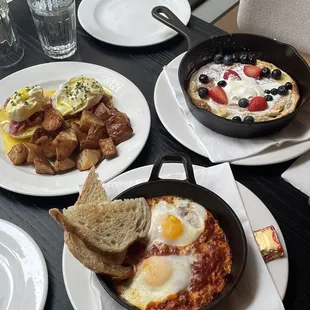 Baked egg, classic Benedict and sweet Dutch baby