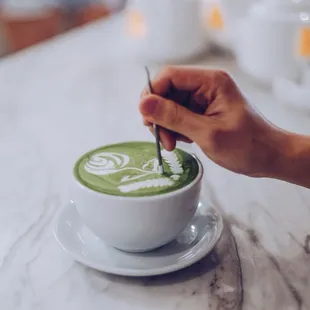 Our matcha latte features premium matcha powder from Japan, each cup is hand whisked to order.