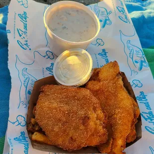 2pc fish and chips, clam chowder cup