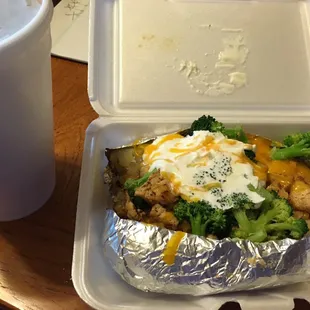 Chicken broccoli spud and an enormous soda for 9.29 after tax.