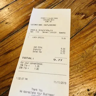 a receipt on a table