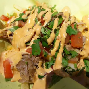 Pulled Pork Fries ($8.50) - crispy fries, tender pork (they&apos;re not sweet which I like). Chipotle sauce, cheese and tomatoes. Portion was ok