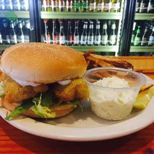 Cod sandwich, with homecut fries and coleslaw