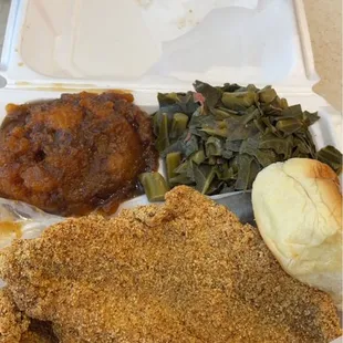 Fried Fish, collard greens, yams and a biscuit