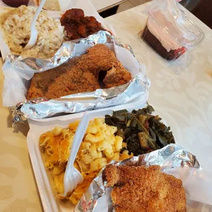 Turkey cutlet meal rice and gravy &amp;yams Fried catfish,mac &amp; cheese &amp; collard greens