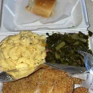 2 pieces of catfish, mac-n-cheese, greens and a roll
