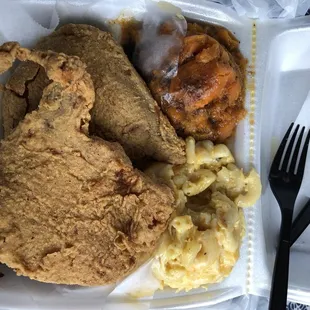 Fried pork chop w/Mac n cheese &amp; sweet potatoes