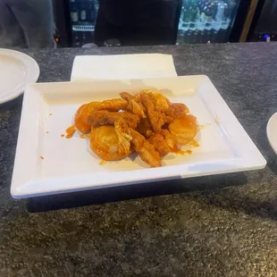 Pierogies and tenders. Yes it's that small for $15. Maybe one or two tenders cut in strips.