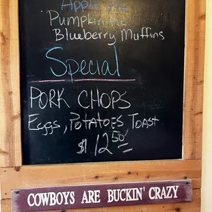 Chalkboard with specials of the day.