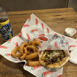 Onion rings and steak pita!! Awesome