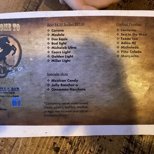 Double-sides menu with food and drinks