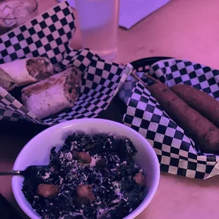 Kale caesar salad, falafel, vegan corn dogs