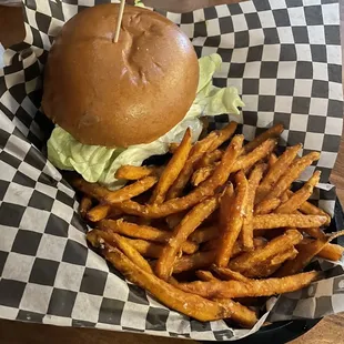 Black Bean Burger with Sweet Potato Fries