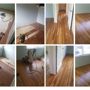 a series of photos of a hardwood floor being sanded