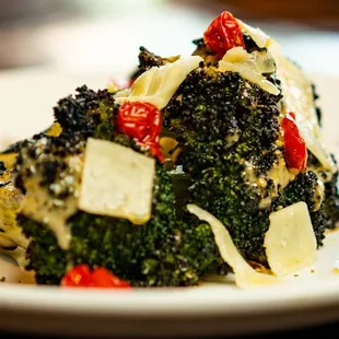 GRILLED BROCCOLI CAESAR Sweety drop peppers, creamy caesar, parmesan, bonfire sea salt