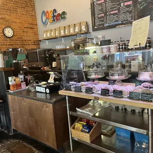Inside the cafe, display case
