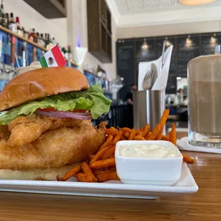 a plate of food and a drink
