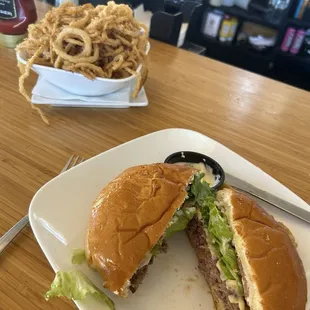 Square Burger with Swiss Onion Strings