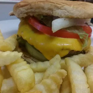 a cheeseburger and french fries