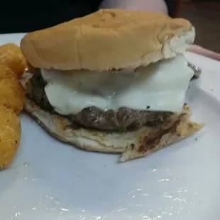a cheeseburger and onion rings