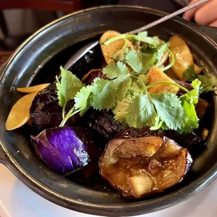 Sizzling eggplant bamboo mushroom tofu