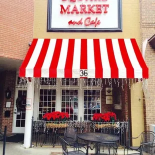 a red and white awning