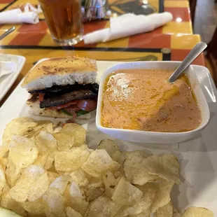 Tomato artichoke soup and portobello mushroom panini