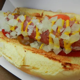 Philly Dog - All Beef Hot Dog wrapped in Salami, onion, cherry peppers, plum tomatoes, mustard