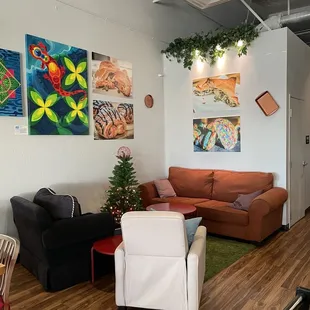 a living room with a christmas tree