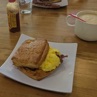 Bacon and egg croissant sandwich